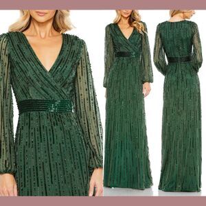 NWD Mac Duggal [ 6 SHORTEN ] 5718 Sequined Wrap Over Puff‎ Sleeve Gown Green